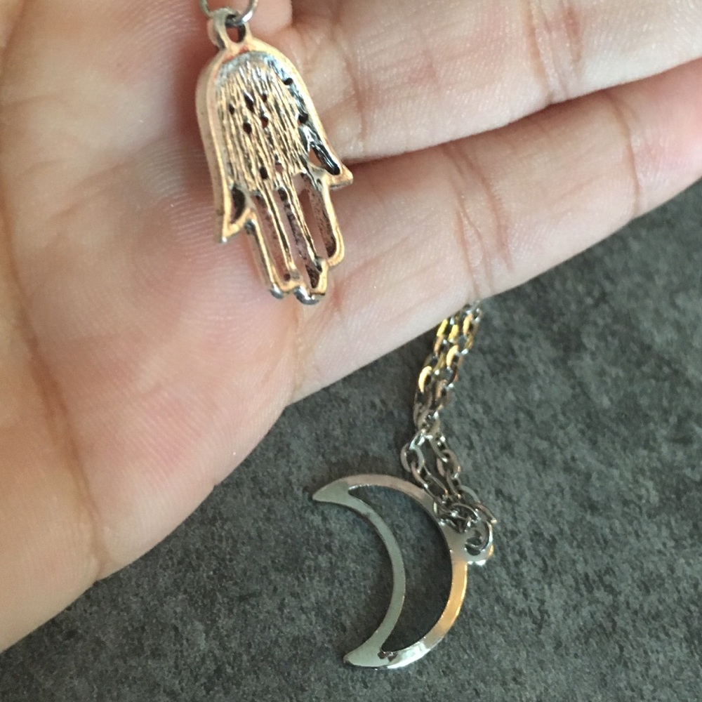 Hamsa Crescent Moon Double Layer Silver Necklace - Picture 5 of 7